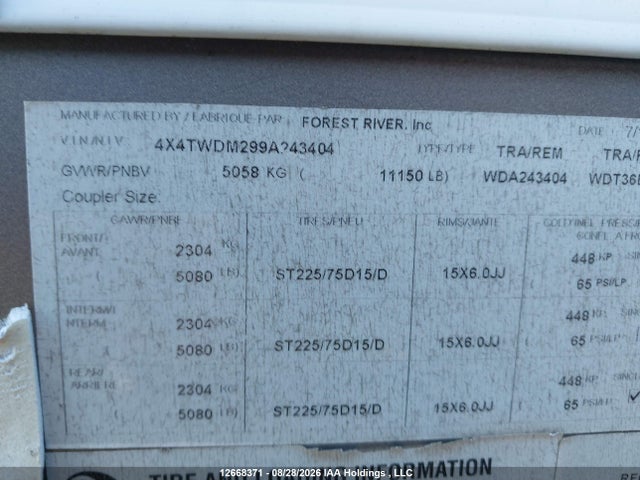 2009 Forest River  მანქანა იყიდება აუქციონზე, vin: 4X4TWDM299A243404, აუქციონის ნომერი: 12668371