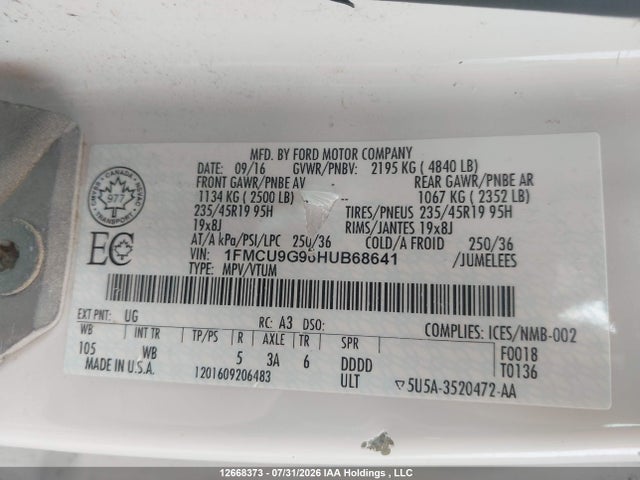 1FMCU9G96HUB68641 Ford ESCAPE SE