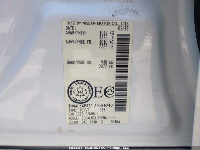 2018 Nissan Altima 2.5/s/sv/sl/sr მანქანა იყიდება აუქციონზე, vin: 1N4AL3AP4JC256897, აუქციონის ნომერი: 12668383