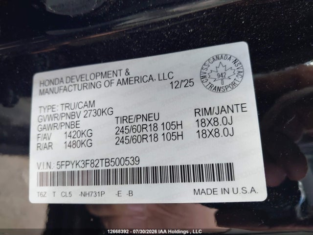 5FPYK3F82TB500539 Honda Ridgeline Black Edition