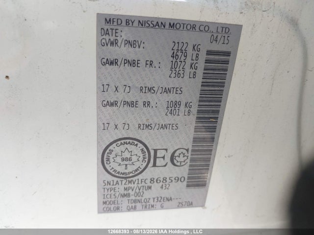 5N1AT2MV1FC868590 Nissan Rogue S/sl/sv