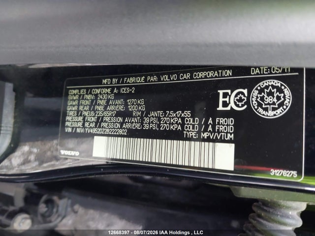 12668397 :رقم المزاد ، YV4952DZ2B2222802 vin ، 2011 Volvo Xc60 3.2 Level 2 مزاد بيع