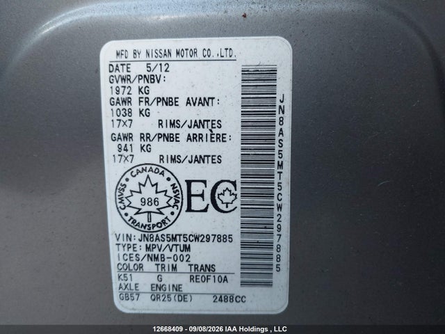 Aukcja sprzedaży 2012 Nissan Rogue Sv, vin: JN8AS5MT5CW297885, numer aukcji: 12668409
