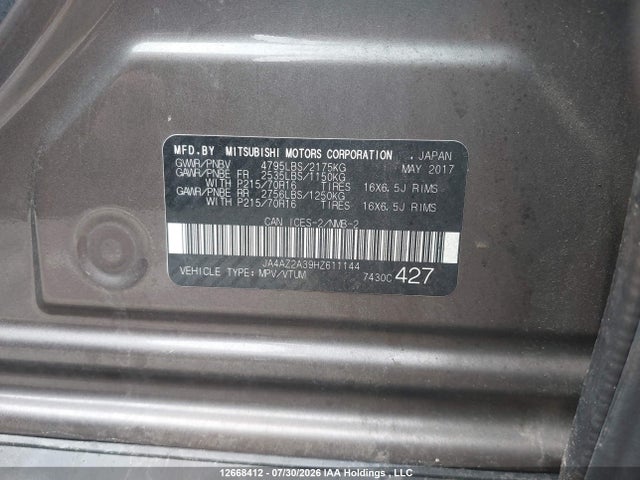 Aukcja sprzedaży 2017 Mitsubishi Outlander Es, vin: JA4AZ2A39HZ611144, numer aukcji: 12668412