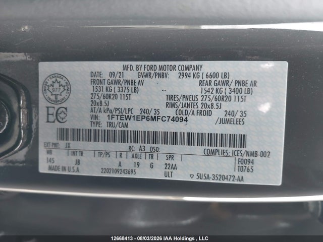 12668413 :رقم المزاد ، 1FTEW1EP6MFC74094 vin ، 2021 Ford F150 Supercrew مزاد بيع