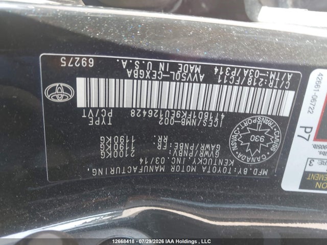 12668418 :رقم المزاد ، 4T1BD1FK9EU126428 vin ، 2014 Toyota Camry Hybrid/le/xle مزاد بيع