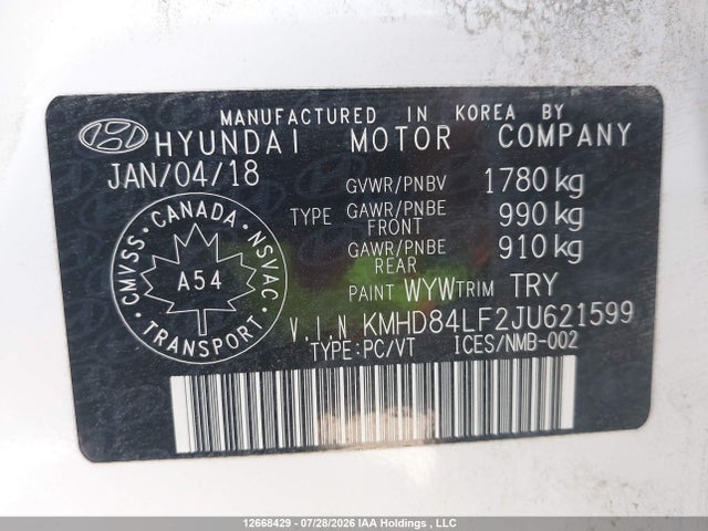 Aukcja sprzedaży 2018 Hyundai Elantra Gl, vin: KMHD84LF2JU621599, numer aukcji: 12668429