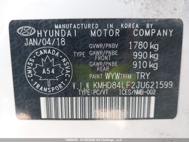 Aukcja sprzedaży 2018 Hyundai Elantra Gl, vin: KMHD84LF2JU621599, numer aukcji: 12668429