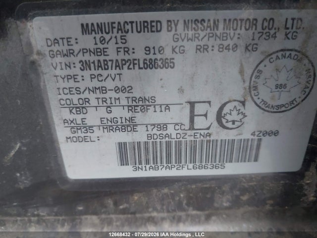 Aukcja sprzedaży 2015 Nissan Sentra S/sv/sr/sl, vin: 3N1AB7AP2FL686365, numer aukcji: 12668432