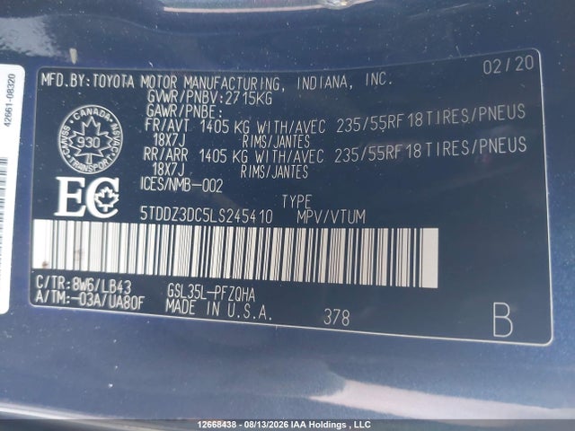 12668438 :رقم المزاد ، 5TDDZ3DC5LS245410 vin ، 2020 Toyota Sienna Xle 7-passenger مزاد بيع