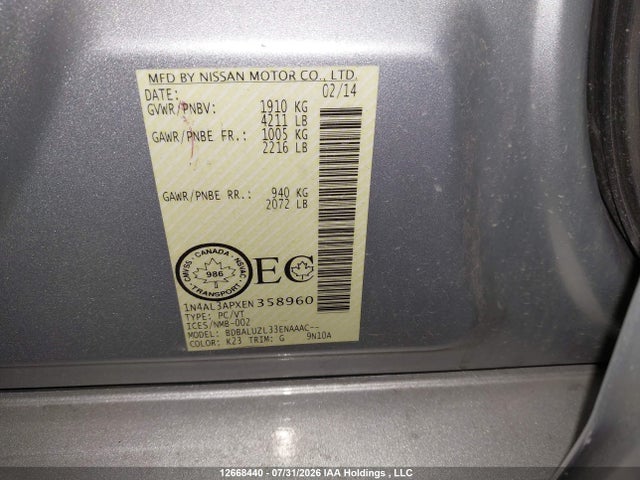 12668440 :رقم المزاد ، 1N4AL3APXEN358960 vin ، 2014 Nissan Altima 2.5/2.5 S/2.5 Sl/2.5 Sv مزاد بيع
