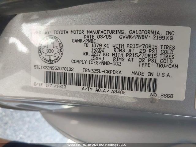 12668444 :رقم المزاد ، 5TETX22N95Z070102 vin ، 2005 Toyota Tacoma مزاد بيع