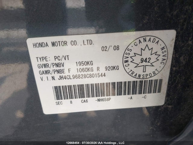 12668454 :رقم المزاد ، JH4CL96828C801544 vin ، 2008 Acura Tsx مزاد بيع