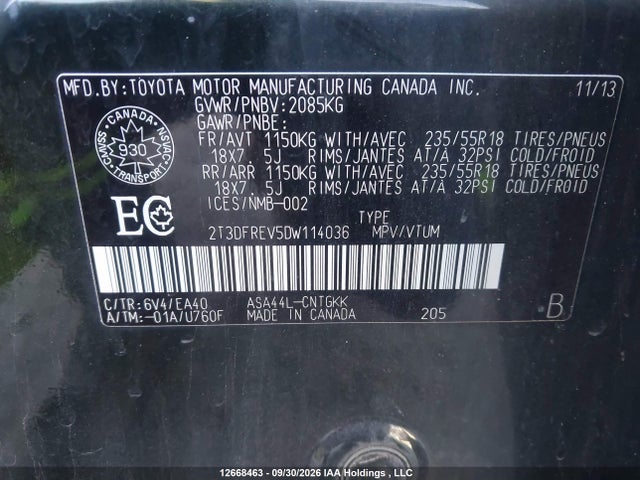 2013 Toyota Rav4 Limited მანქანა იყიდება აუქციონზე, vin: 2T3DFREV5DW114036, აუქციონის ნომერი: 12668463