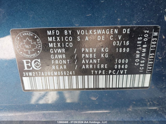 Продаж на аукціоні авто 2016 Volkswagen Golf 1.8 Tsi Comfortline/1.8 Tsi Highline/1.8 Tsi Trendline, vin: 3VW217AU8GM056241, номер лоту: 12668468