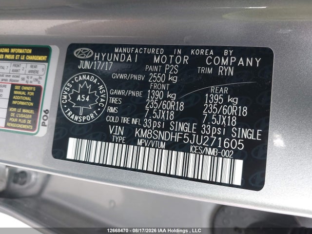 KM8SNDHF5JU271605 Hyundai Santa Fe Xl Premium