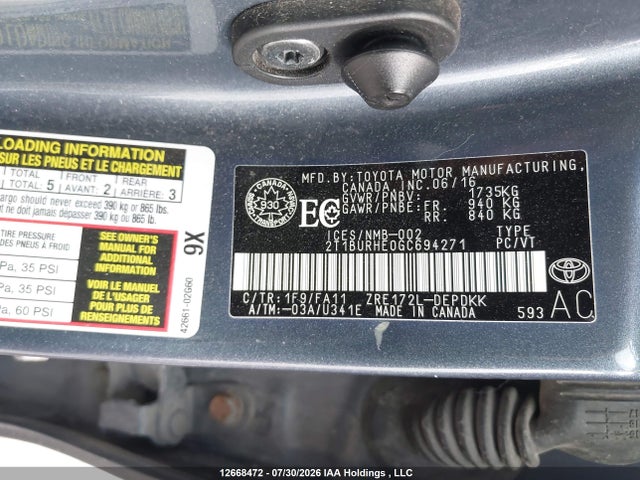 12668472 :رقم المزاد ، 2T1BURHE0GC694271 vin ، 2016 Toyota Corolla L/le/le Pls/prm/s/s Pls مزاد بيع