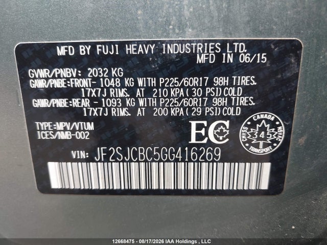 Subaru Forester 2.5i 2016 JF2SJCBC5GG416269 Image 9