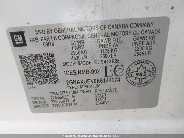 Aukcja sprzedaży 2019 Chevrolet Equinox Lt, vin: 2GNAXUEV9K6144174, numer aukcji: 12668476