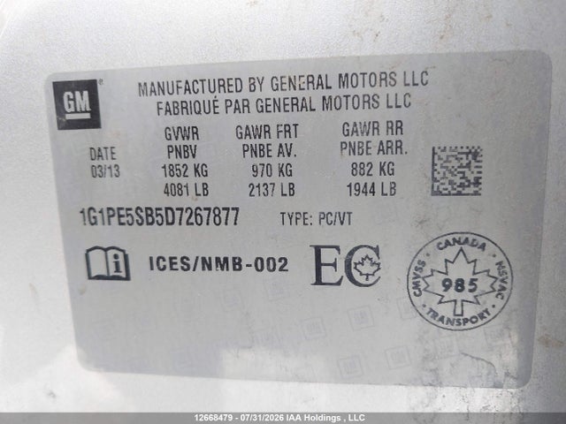 2013 Chevrolet Cruze Lt მანქანა იყიდება აუქციონზე, vin: 1G1PE5SB5D7267877, აუქციონის ნომერი: 12668479