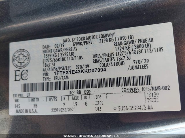 2019 Ford F-150 Xlt მანქანა იყიდება აუქციონზე, vin: 1FTFX1E43KKD07094, აუქციონის ნომერი: 12668506