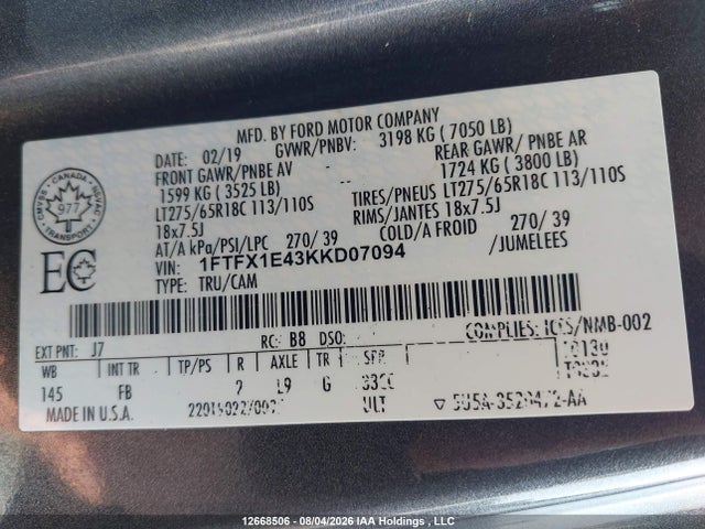 2019 Ford F-150 Xlt მანქანა იყიდება აუქციონზე, vin: 1FTFX1E43KKD07094, აუქციონის ნომერი: 12668506