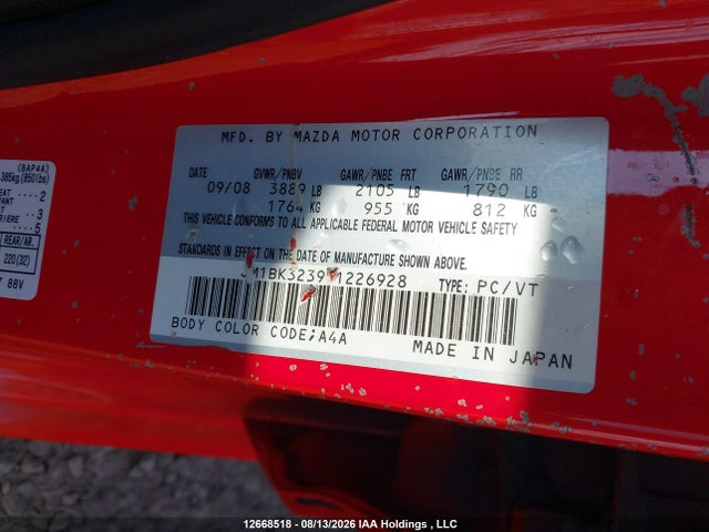 Aukcja sprzedaży 2009 Mazda Mazda3 Gt, vin: JM1BK323991226928, numer aukcji: 12668518