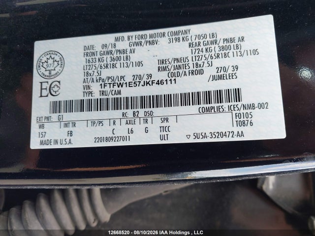 Продаж на аукціоні авто 2018 Ford F-150 Xlt, vin: 1FTFW1E57JKF46111, номер лоту: 12668520