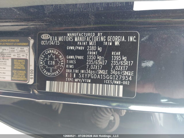 Продажа на аукционе авто 2016 Kia Sorento Lx/l, vin: 5XYPGDA15GG127954, номер лота: 12668521
