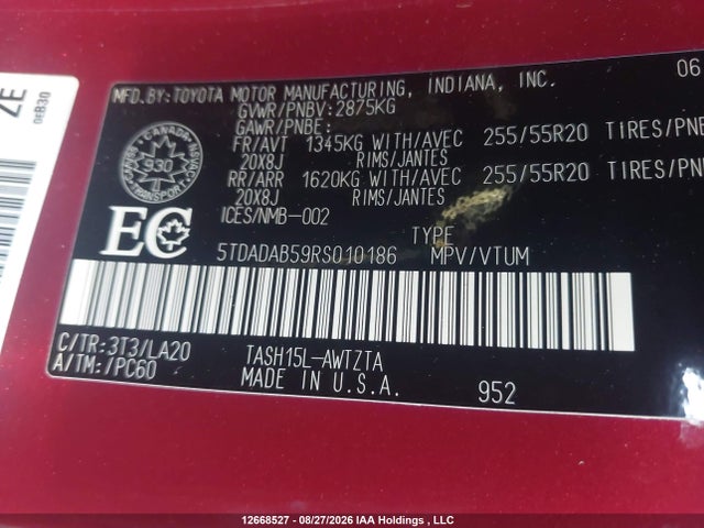 12668527 :رقم المزاد ، 5TDADAB59RS010186 vin ، 2024 Toyota Grand Highlander Hybrid Platinum مزاد بيع