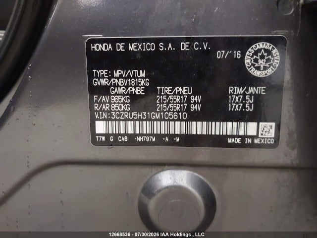 Aukcja sprzedaży 2016 Honda Hr-v Lx, vin: 3CZRU5H31GM105610, numer aukcji: 12668536