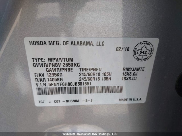 5FNYF6H80JB501651 Honda PILOT EXL