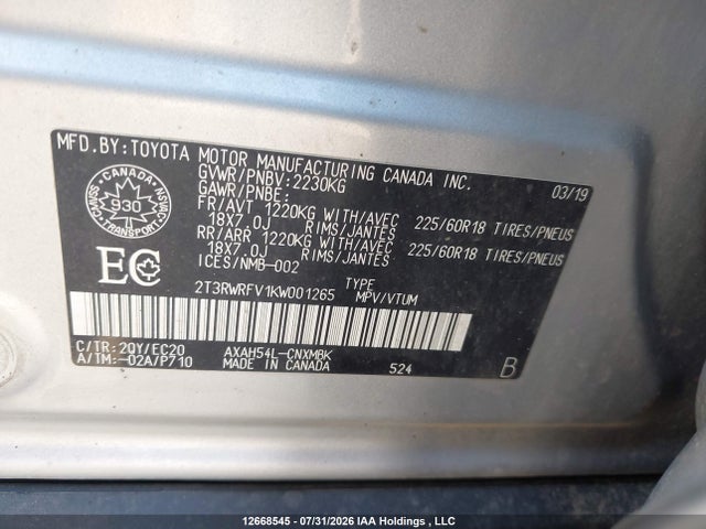 Aukcja sprzedaży 2019 Toyota Rav4 Hybrid, vin: 2T3RWRFV1KW001265, numer aukcji: 12668545