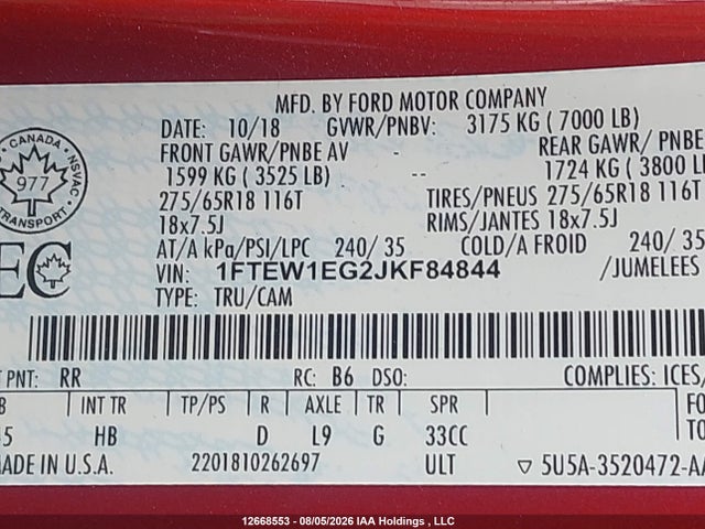 Ford F150 Supercrew 2018 1FTEW1EG2JKF84844 Image 9