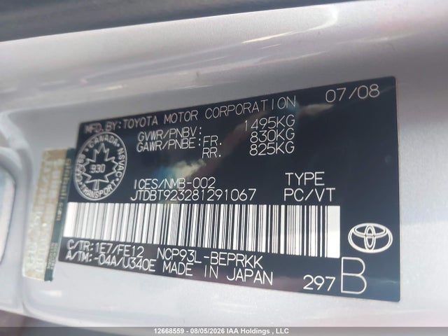 2008 Toyota Yaris მანქანა იყიდება აუქციონზე, vin: JTDBT923281291067, აუქციონის ნომერი: 12668559