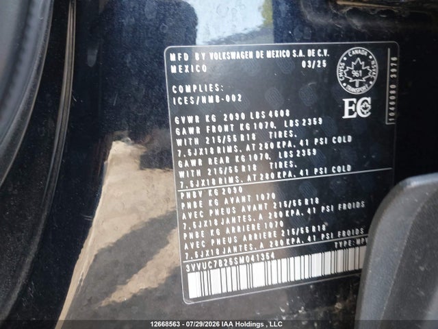 Продажа на аукционе авто 2025 Volkswagen Taos Comfortline, vin: 3VVUC7B25SM041354, номер лота: 12668563