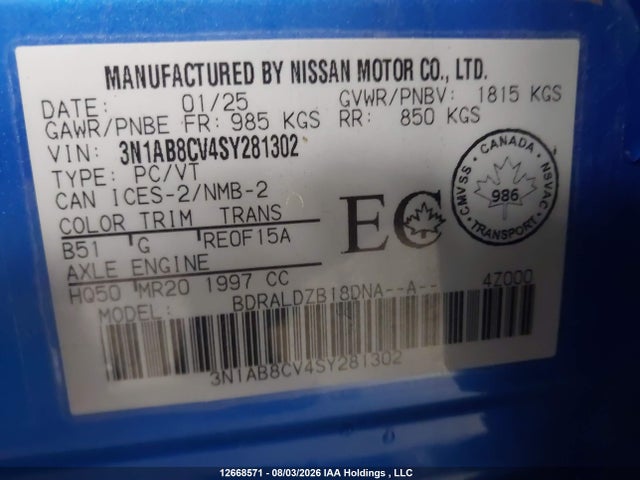3N1AB8CV4SY281302 Nissan SENTRA SV
