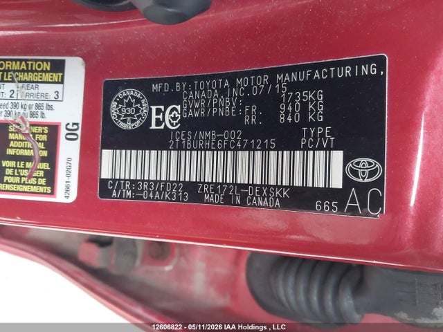 Aukcja sprzedaży 2015 Toyota Corolla S, vin: 2T1BURHE6FC471215, numer aukcji: 12606822