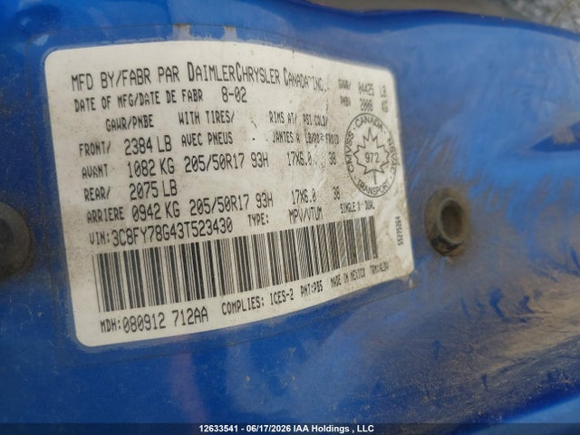 2003 Chrysler Pt Cruiser Gt მანქანა იყიდება აუქციონზე, vin: 3C8FY78G43T523430, აუქციონის ნომერი: 12633541
