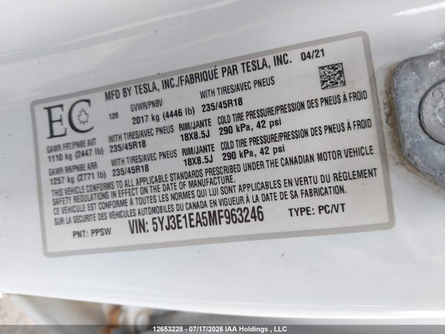 Aukcja sprzedaży 2021 Tesla Model 3 Standard Range/standard Range Plus, vin: 5YJ3E1EA5MF963246, numer aukcji: 12653228