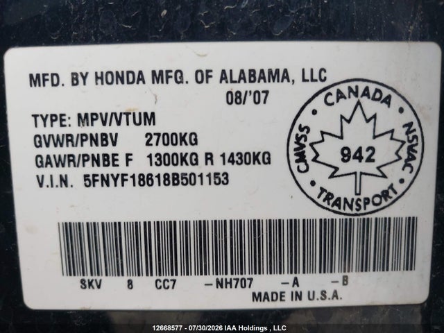 Aukcja sprzedaży 2008 Honda Pilot Exl, vin: 5FNYF18618B501153, numer aukcji: 12668577