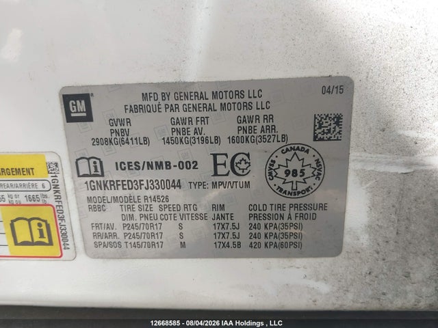 Chevrolet Traverse Ls 2015 1GNKRFED3FJ330044 Image 9