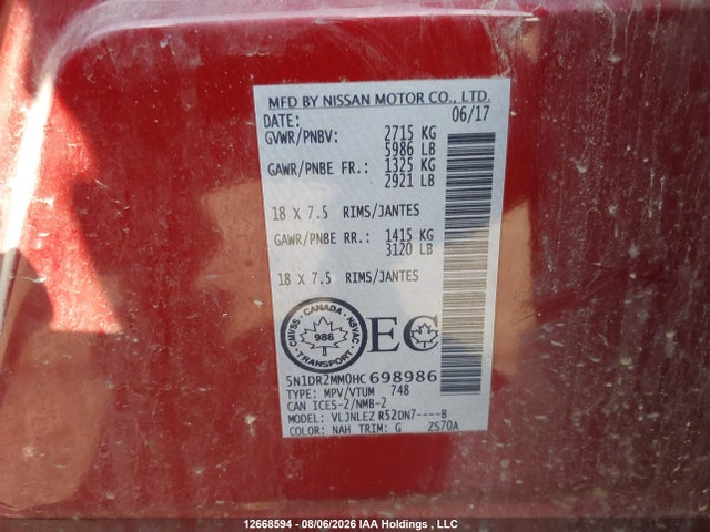 5N1DR2MM0HC698986 Nissan Pathfinder S/sv/sl/platinum