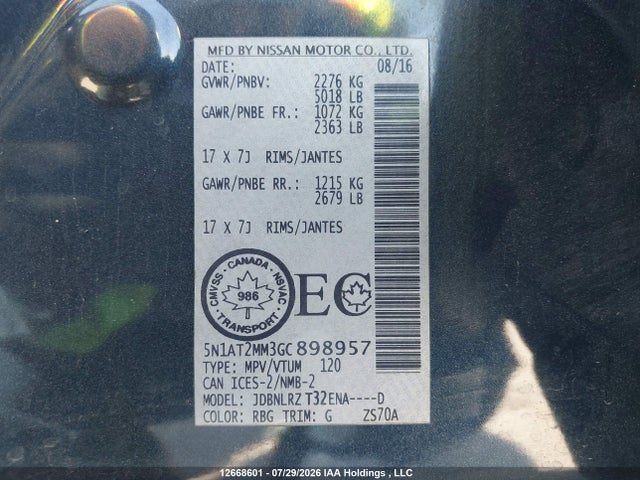 12668601 :رقم المزاد ، 5N1AT2MM3GC898957 vin ، 2016 Nissan Rogue S/sl/sv مزاد بيع