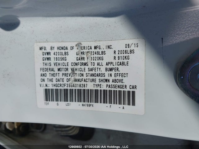 Aukcja sprzedaży 2016 Honda Accord Lx, vin: 1HGCR2F35GA018287, numer aukcji: 12668602
