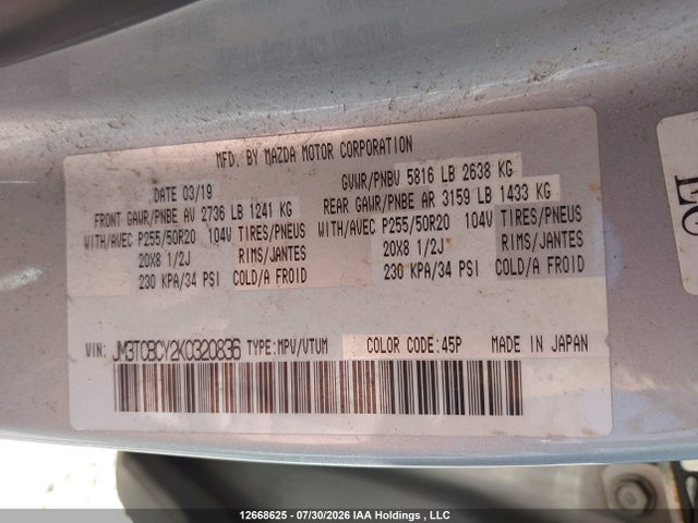 12668625 :رقم المزاد ، JM3TCBCY2K0320836 vin ، 2019 Mazda Cx-9 Touring مزاد بيع