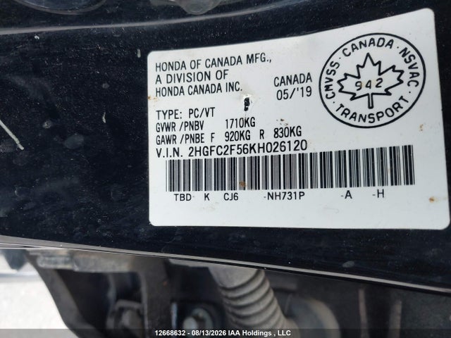 12668632 :رقم المزاد ، 2HGFC2F56KH026120 vin ، 2019 Honda Civic Lx مزاد بيع