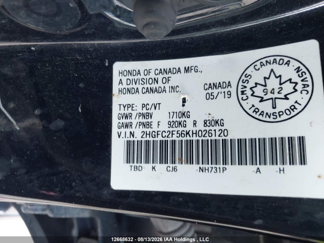 12668632 :رقم المزاد ، 2HGFC2F56KH026120 vin ، 2019 Honda Civic Lx مزاد بيع