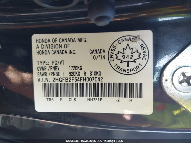 2015 Honda Civic Ex 4dr მანქანა იყიდება აუქციონზე, vin: 2HGFB2F54FH007042, აუქციონის ნომერი: 12668638