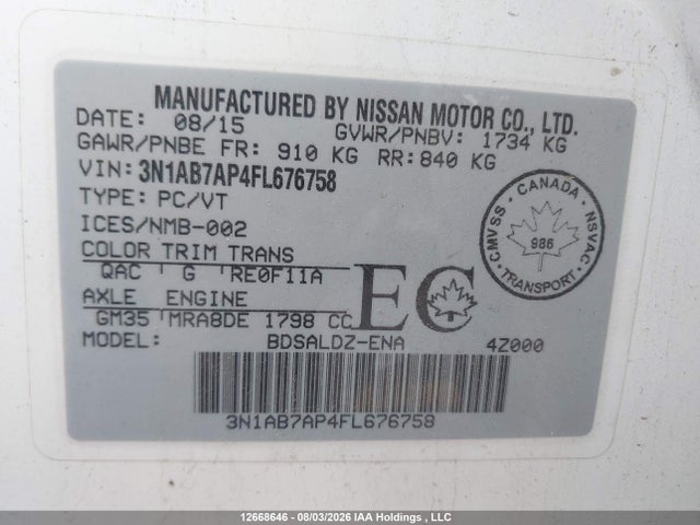 3N1AB7AP4FL676758 Nissan Sentra 1.8 S/1.8 Sl/1.8 Sr/1.8 Sv
